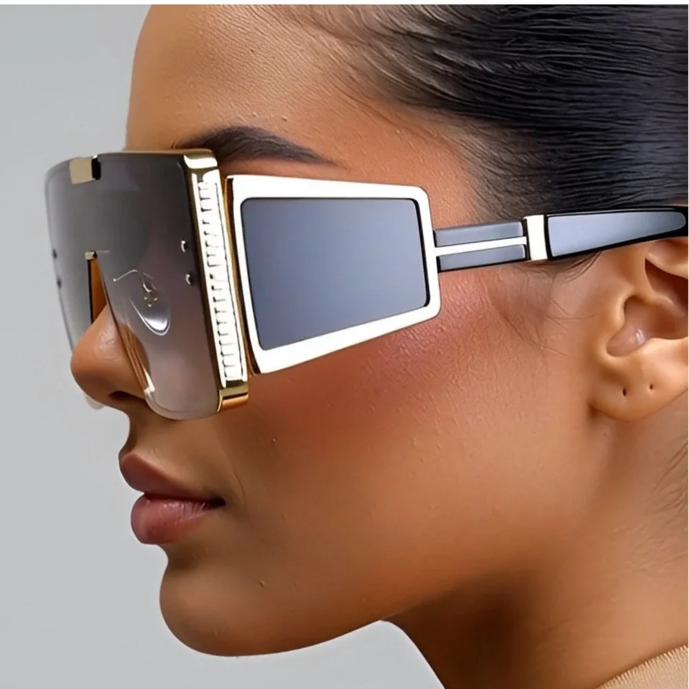 Shield Sunglasses Gold Frame Oversized Fashion Designer Sun Glasses Trendy Gafas
